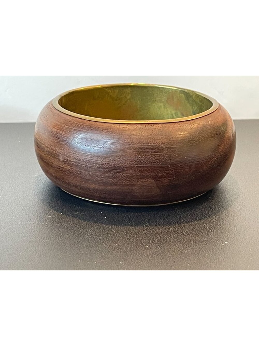 Vintage Mid-Century Wood Bangle Bracelet with Brass Inlay Lining - 7"